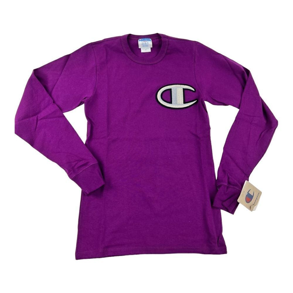 Champion Men Purple Long Sleeve Cotton Tee Left Chest C Logo Crew US XS